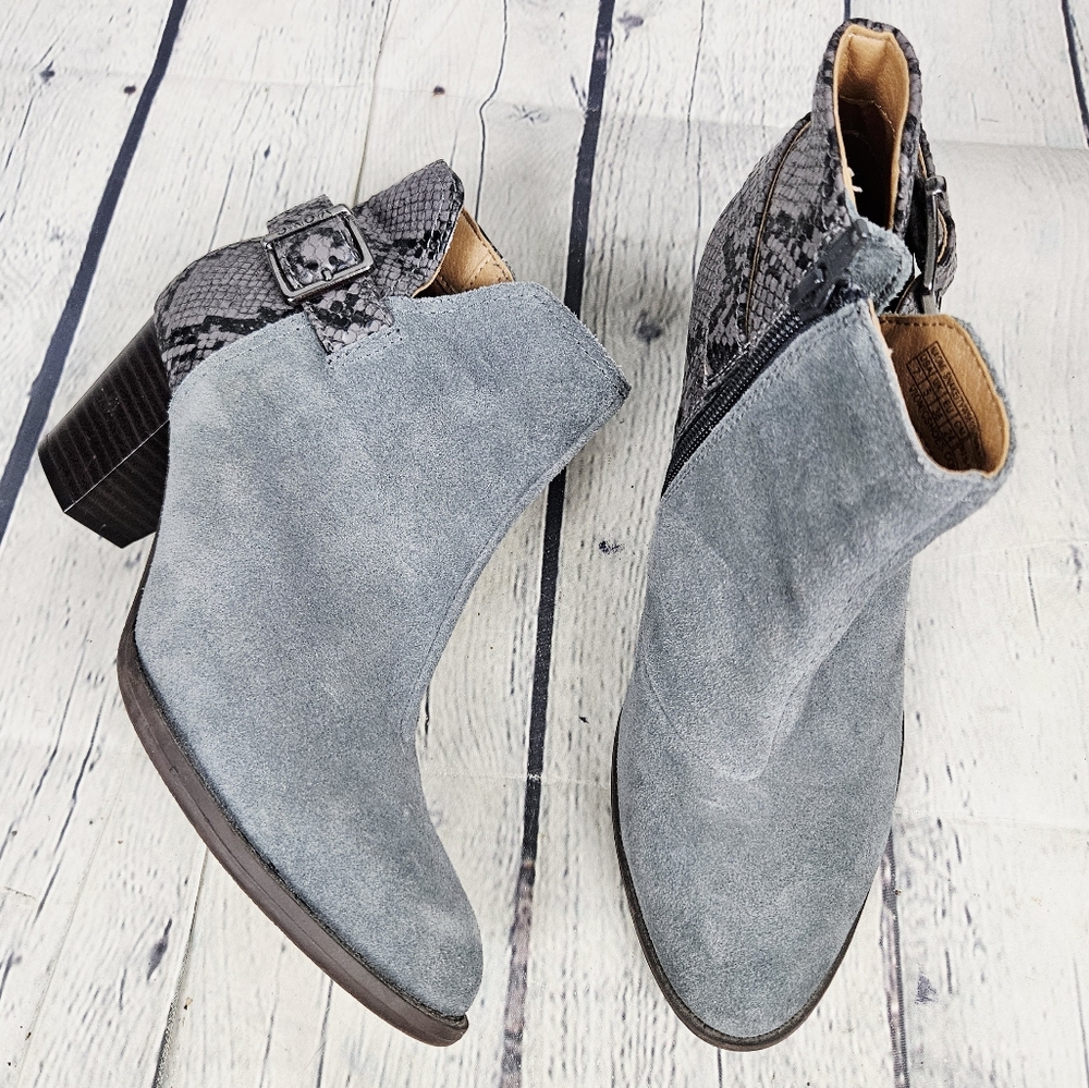 VIONIC | Naomi side zip snake print suede leather heeled ankle boots